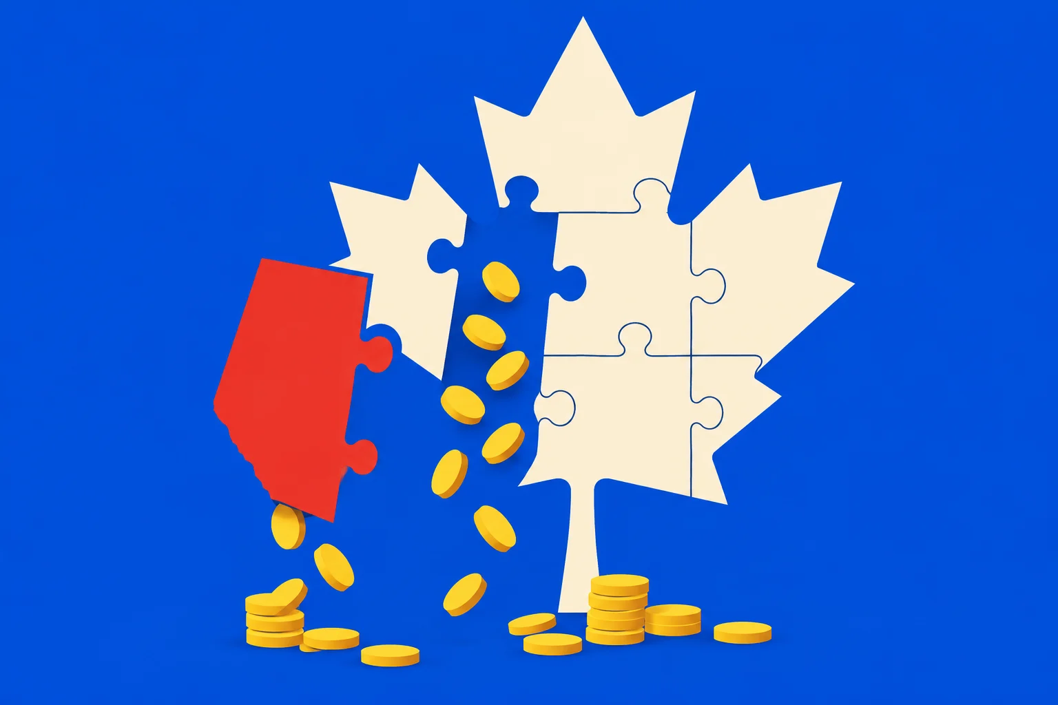 A cream maple leaf assembled from puzzle pieces has a red piece pulled away, with gold coins falling through the gap onto a blue background.