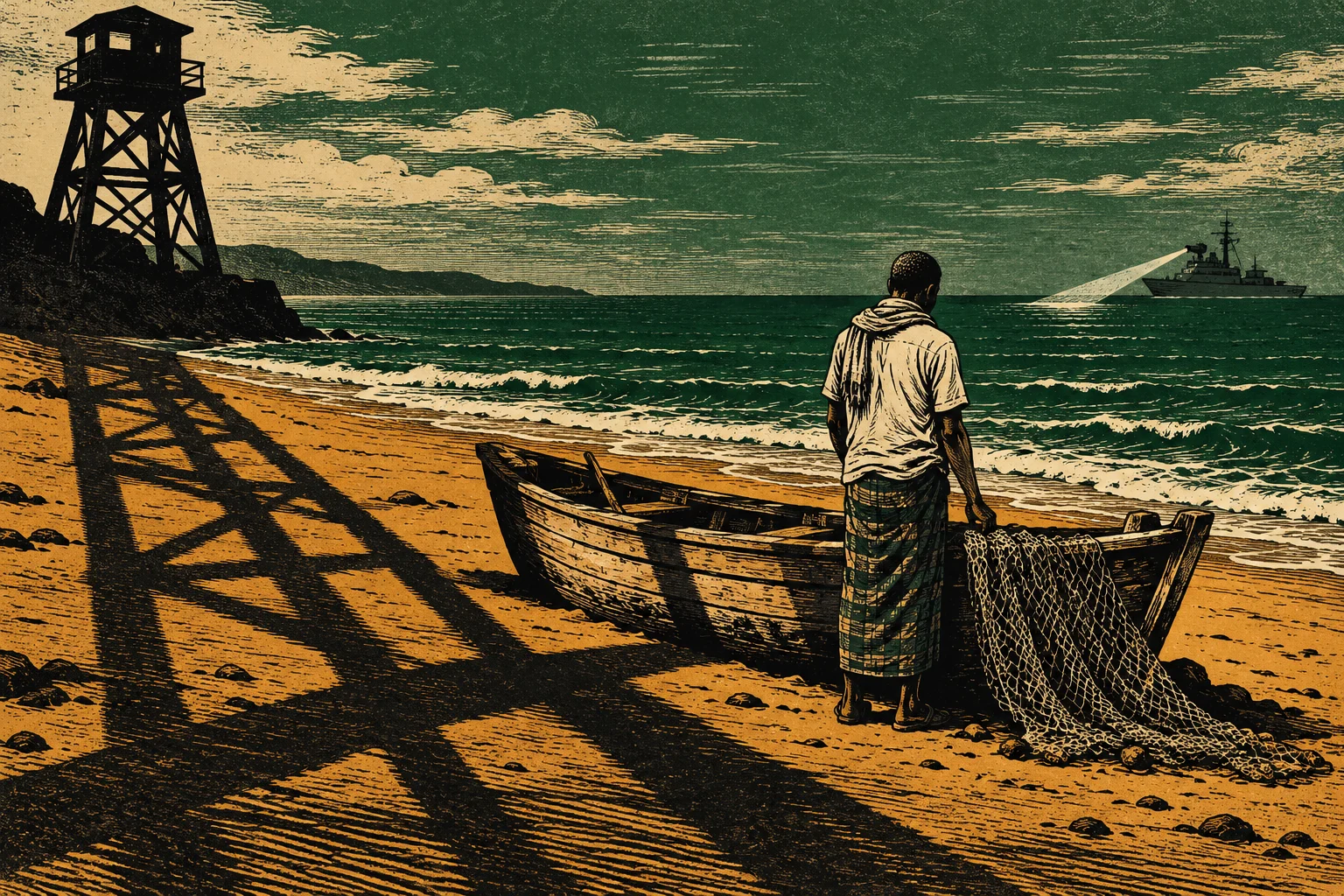 A fisherman stands beside a wooden boat and net on a beach, with a watchtower casting long shadows and a patrol ship shining a searchlight offshore.