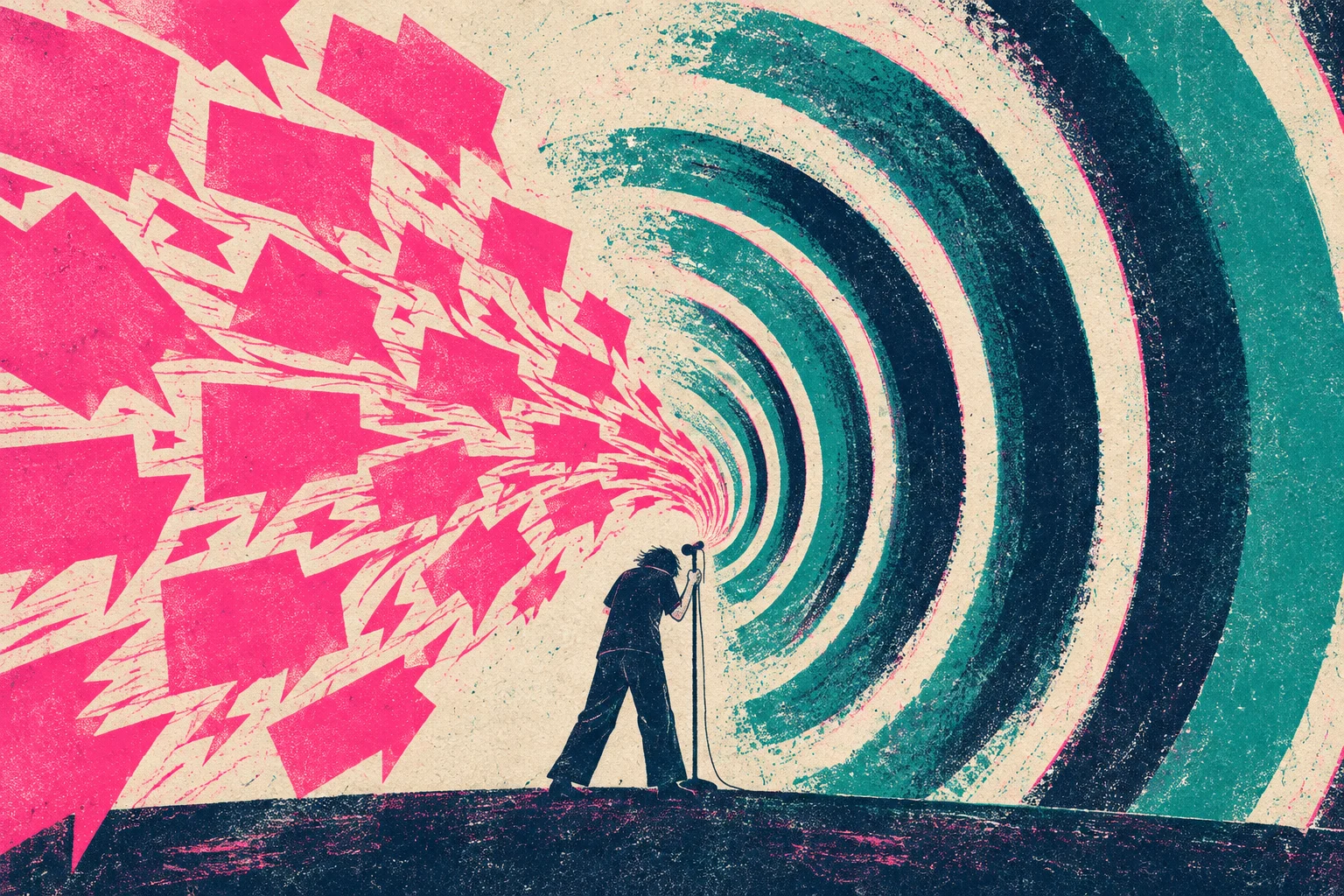 A silhouetted singer leans toward a microphone as pink speech bubbles converge from the left and large teal and navy sound waves arc outward.