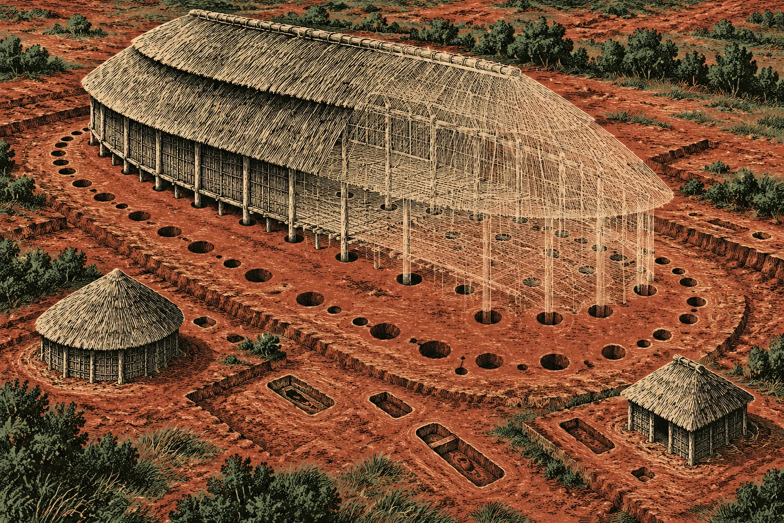 An archaeological illustration shows a large thatched longhouse partly rendered as exposed wooden framing, two smaller huts, postholes, and burial pits in reddish earth.