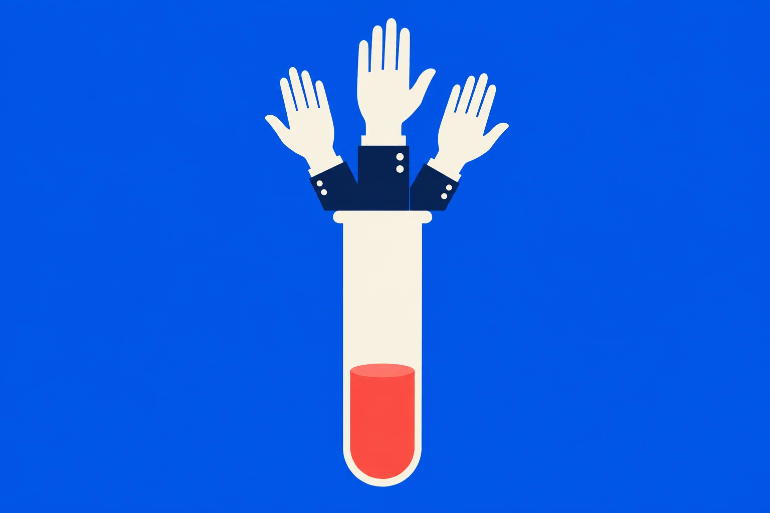 Three raised hands in dark suit sleeves emerge from a cream test tube containing red liquid against a bright blue background.