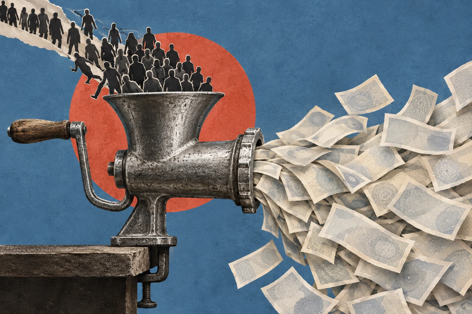 Silhouetted people funnel into a hand-cranked meat grinder that produces a large pile of banknotes against a blue background with a red circle.