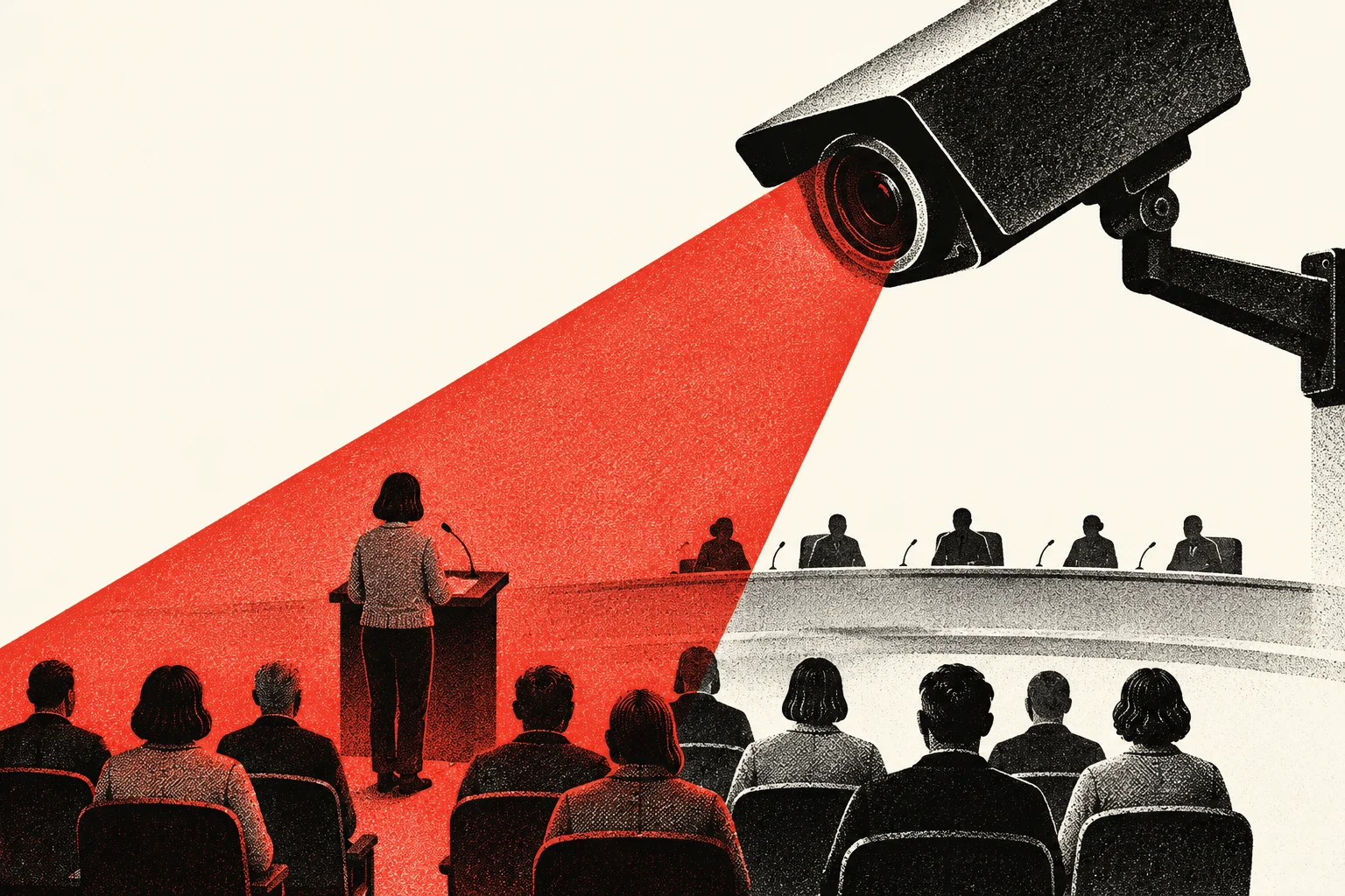 A surveillance camera casts a red beam over a woman speaking at a podium and an audience facing a panel of officials.