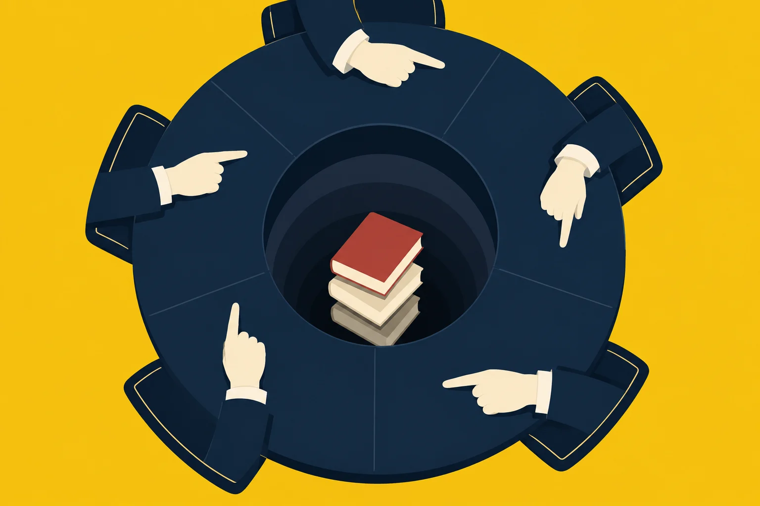 Five suited arms point around a dark circular table with a deep central opening containing stacked books, against a yellow background.