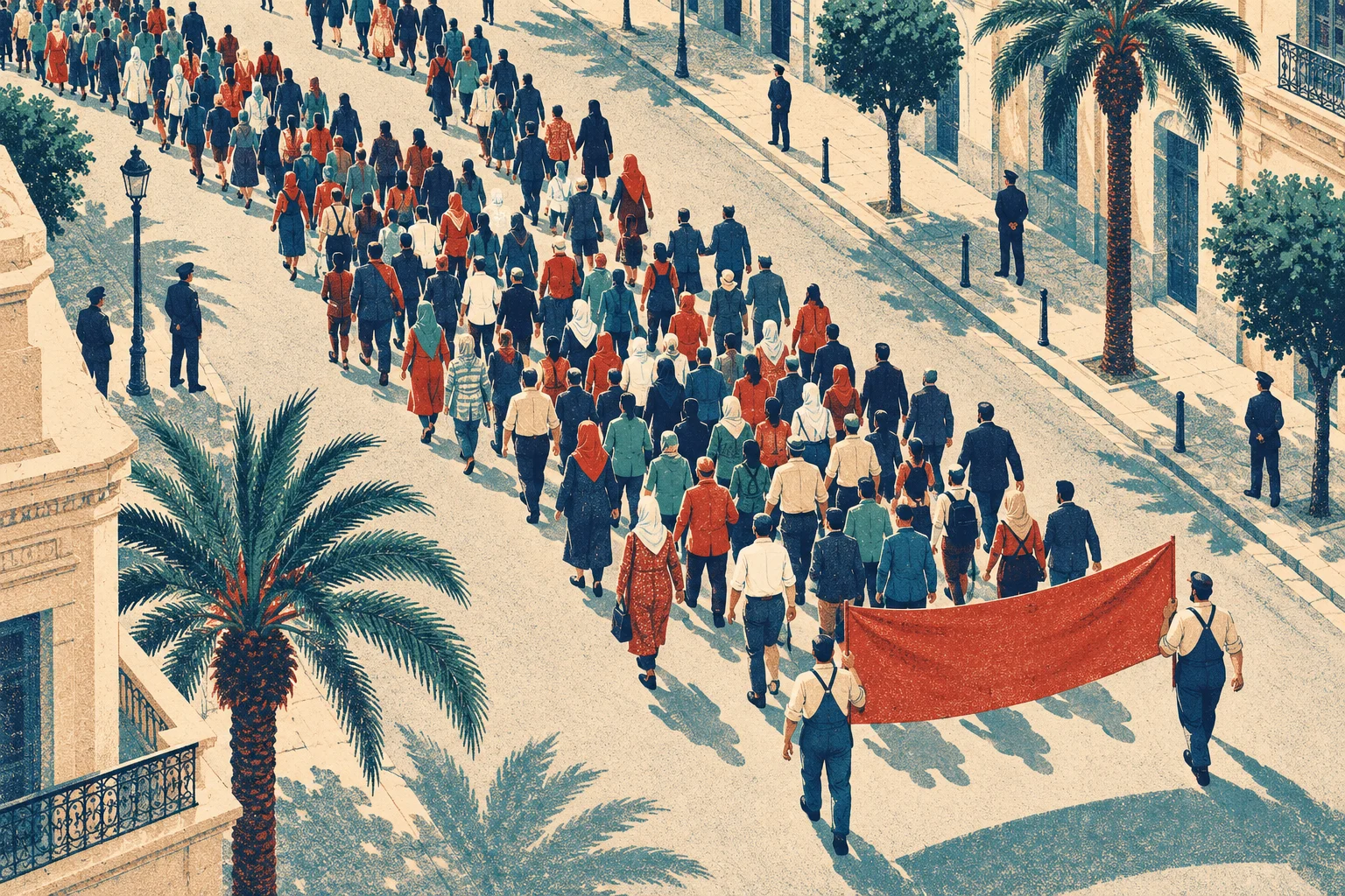 A large crowd marches along a palm-lined city street, with two people carrying a blank red banner and uniformed officers watching from the sidewalks.