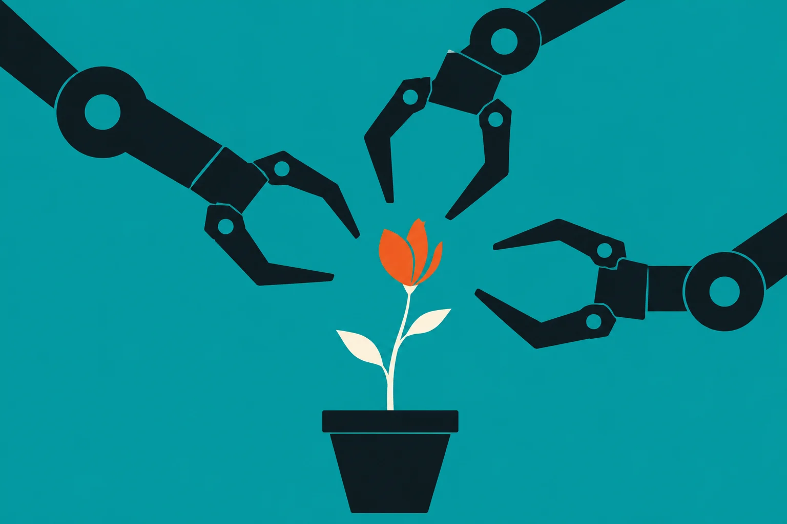 Three black robotic arms reach toward an orange flower with cream leaves in a black pot against a teal background.