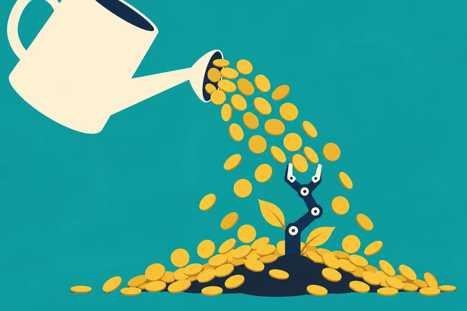A watering can pours gold coins onto a pile around a small plant with a robotic arm growing from it against a teal background.