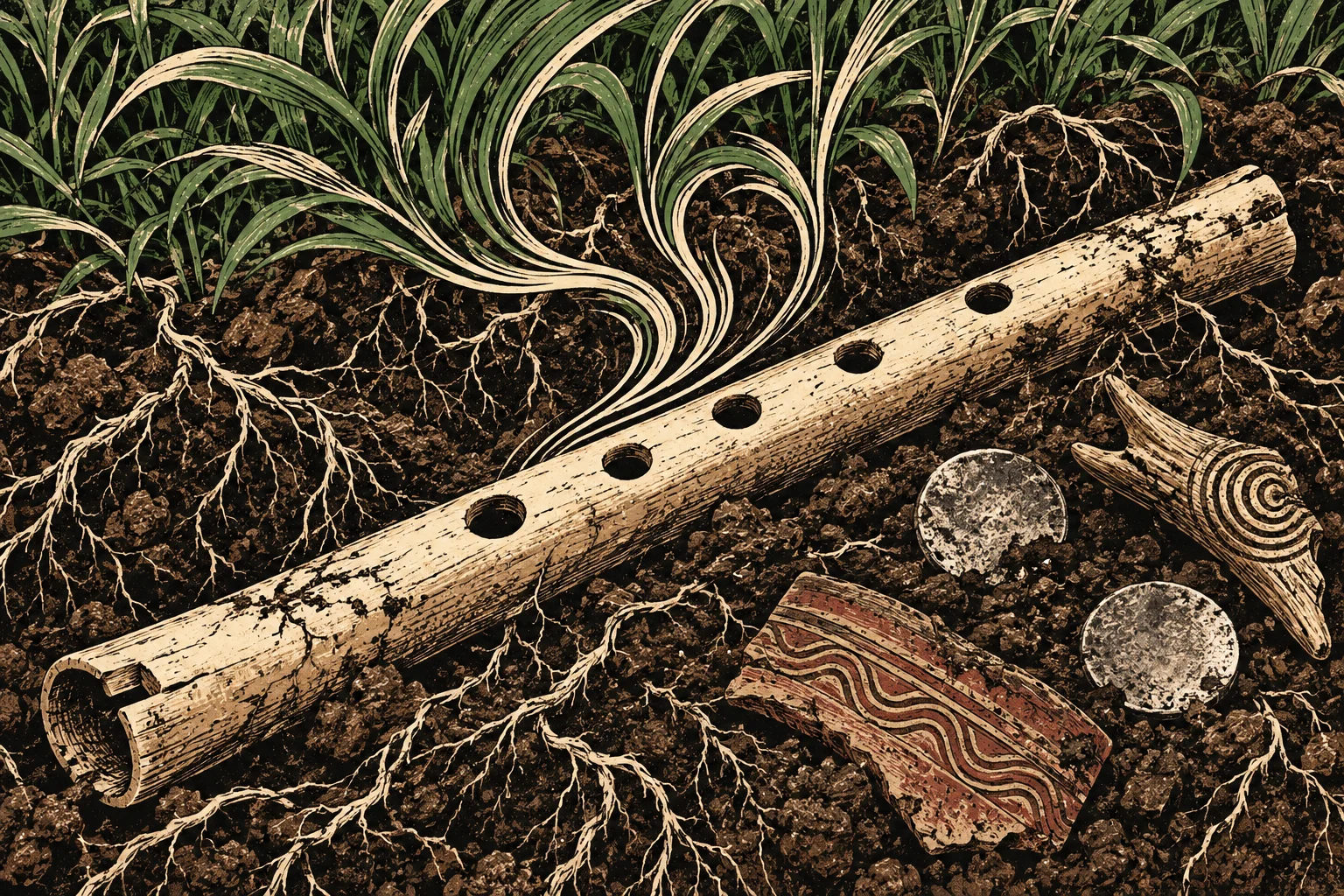 A woodcut-style illustration shows a wooden flute lying diagonally in dark soil among grass, exposed roots, two round discs, and patterned fragments.