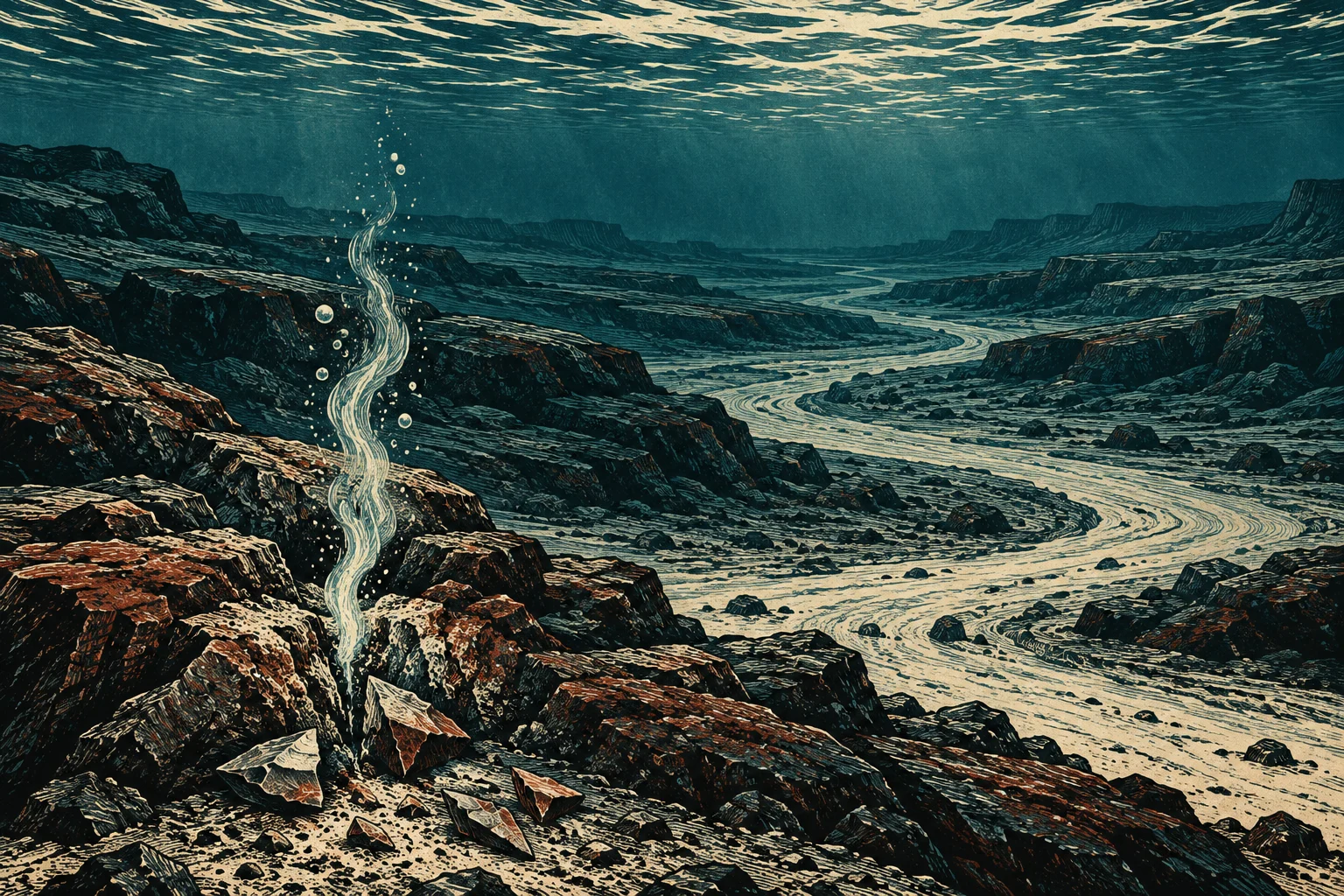 An underwater rocky canyon features a winding pale channel and a thin, curling plume of bubbles rising from a fissure beneath the rippling surface.