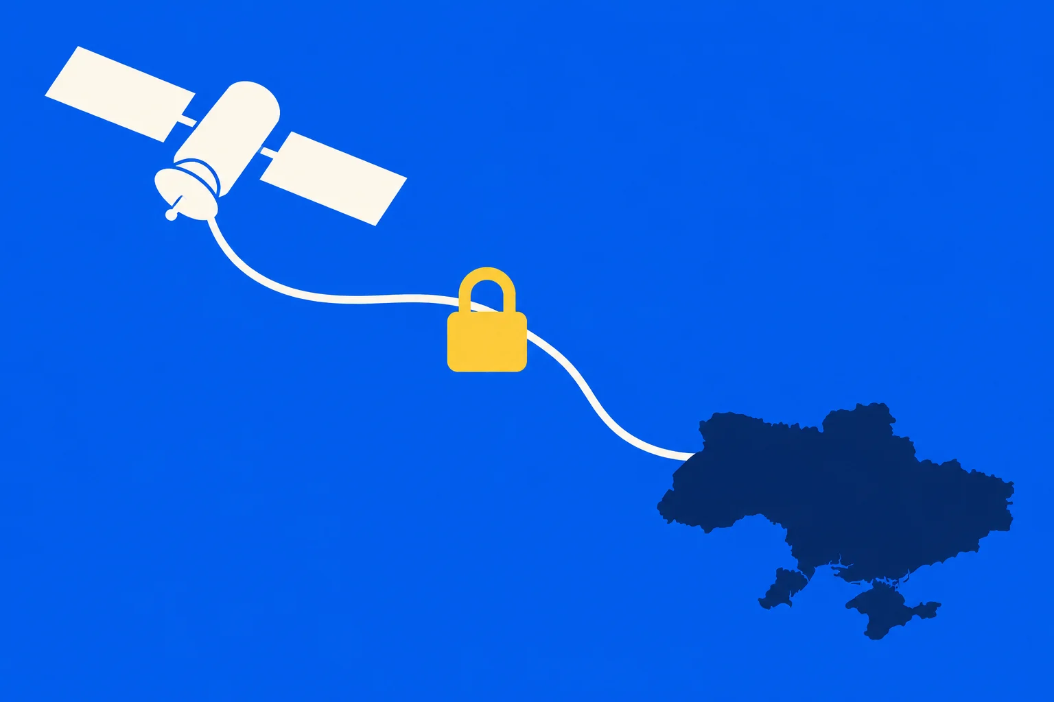A white satellite connects by a curved white line through a yellow padlock to a dark blue map of Ukraine against a bright blue background.