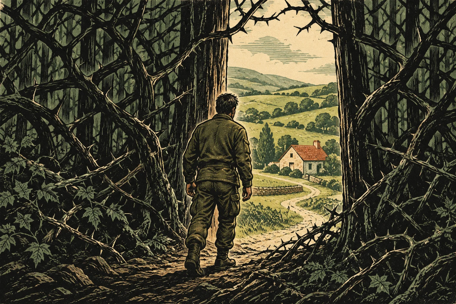 A man walks out of a dark, thorny forest toward sunlit rolling hills and a small stone cottage with a red roof.