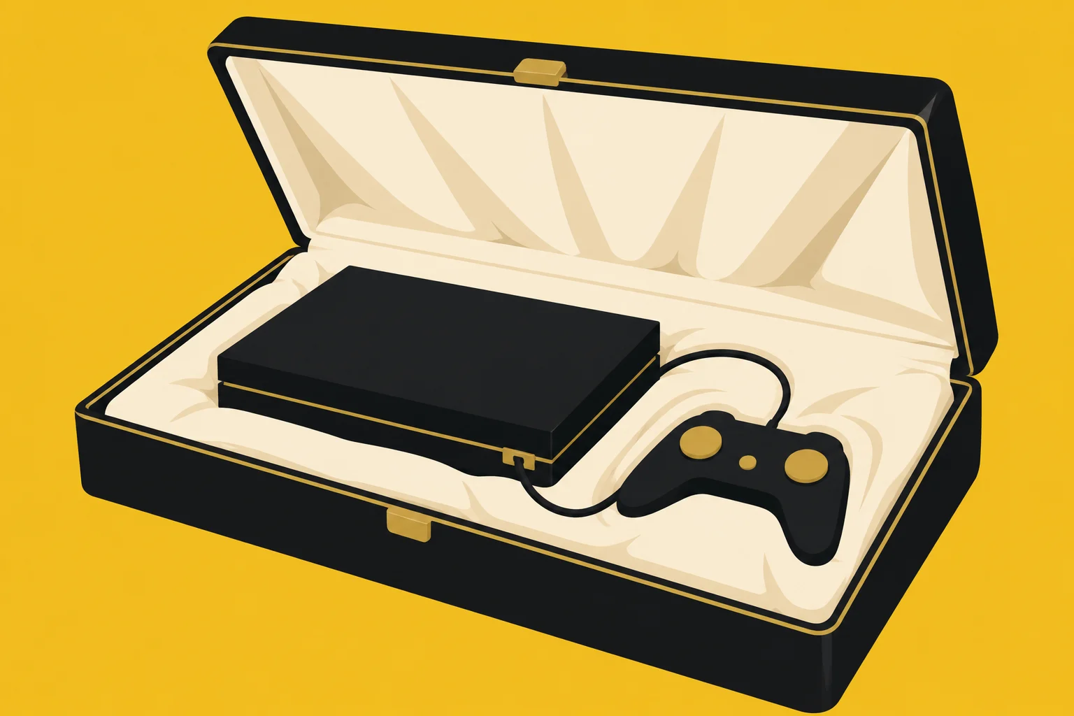 An open black and gold case lined with cream satin holds a black game console and wired controller against a yellow background.