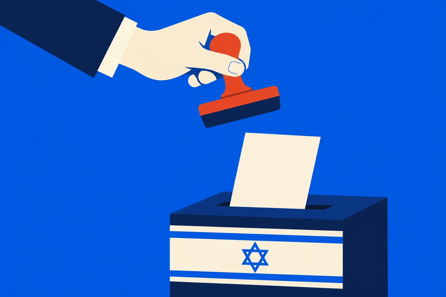 A hand holds a red stamp above a ballot entering a dark blue ballot box decorated with the Israeli flag against a bright blue background.