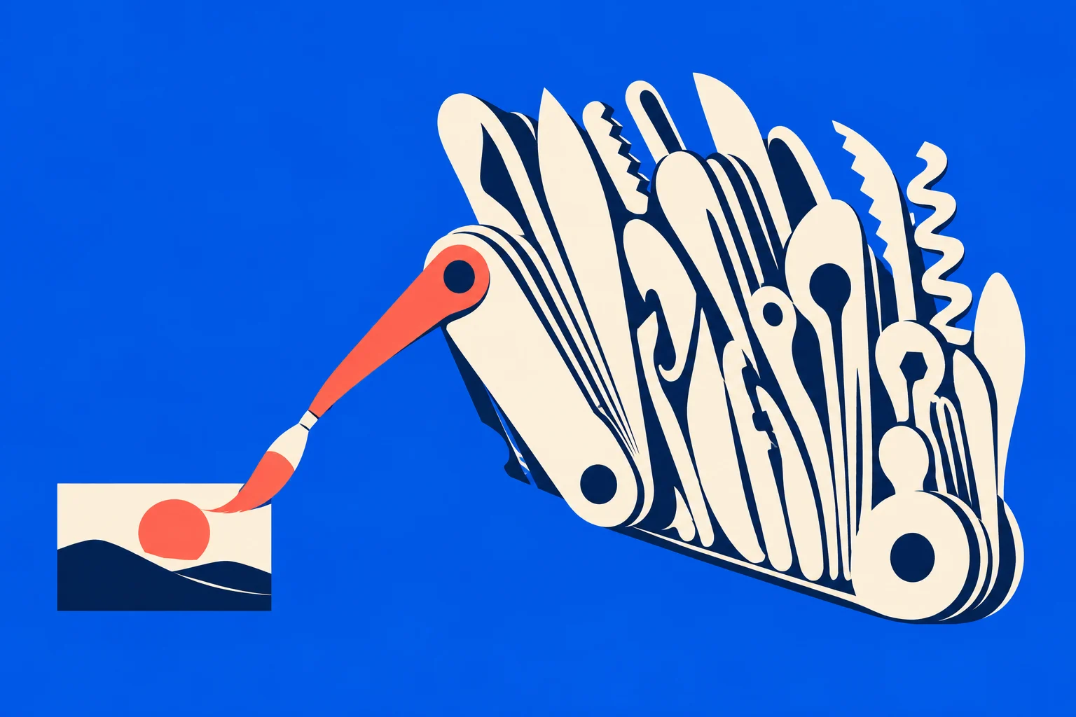 A cream and navy Swiss Army knife with many unfolded tools uses a red paintbrush to paint a sunset on a small canvas against blue.