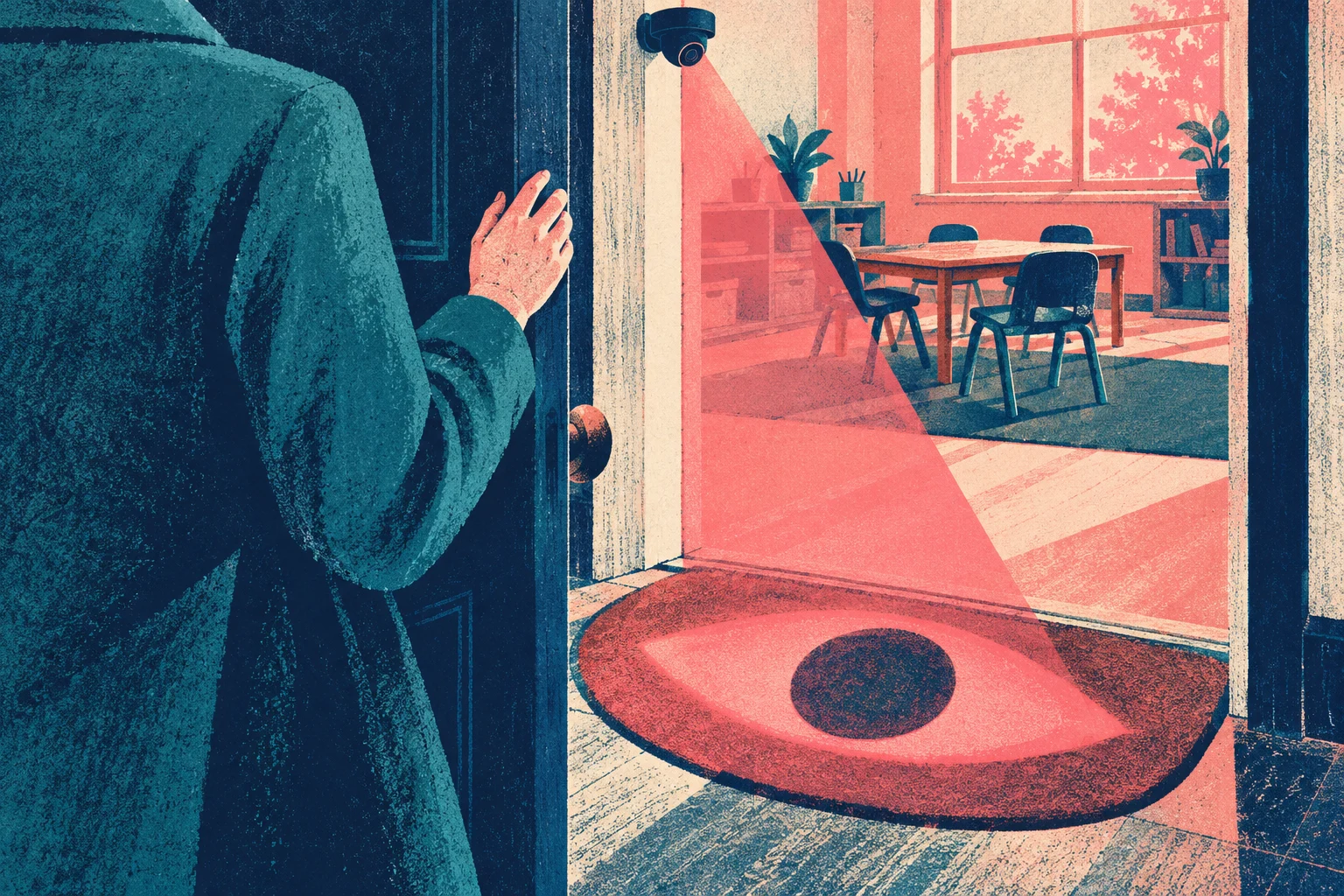A person opens a door to a room monitored by a security camera, whose red beam falls onto an eye-shaped doormat.