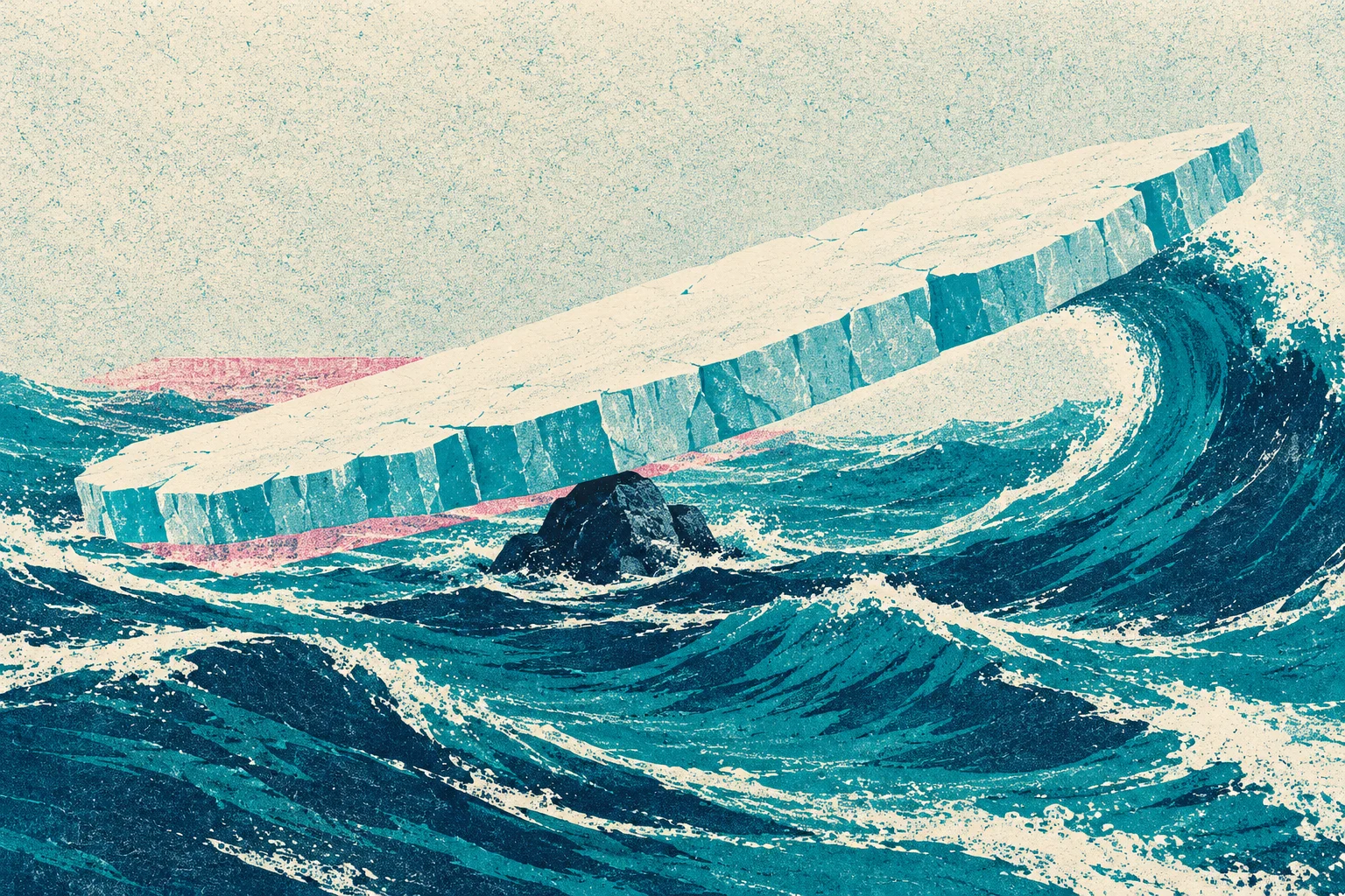 Stylized turquoise ocean waves surround a dark rock beneath a long, tilted slab of ice, with pink accents and a textured cream sky.