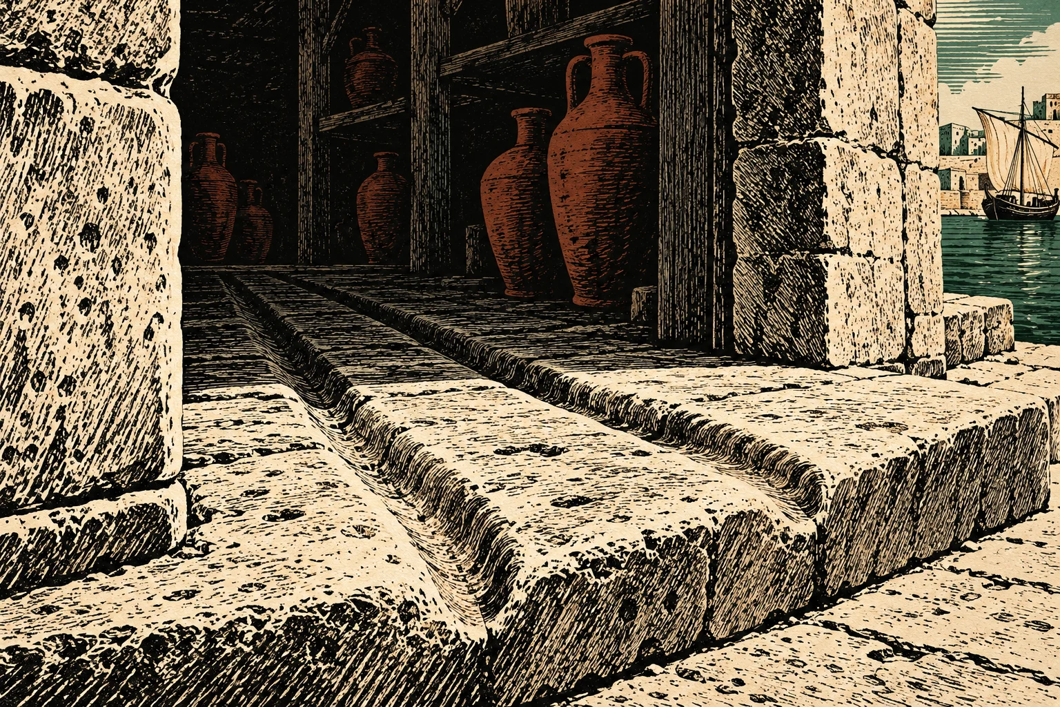 An engraving shows terracotta jars in a shadowy stone warehouse, worn grooves across the threshold, and a sailboat on the harbor beyond.