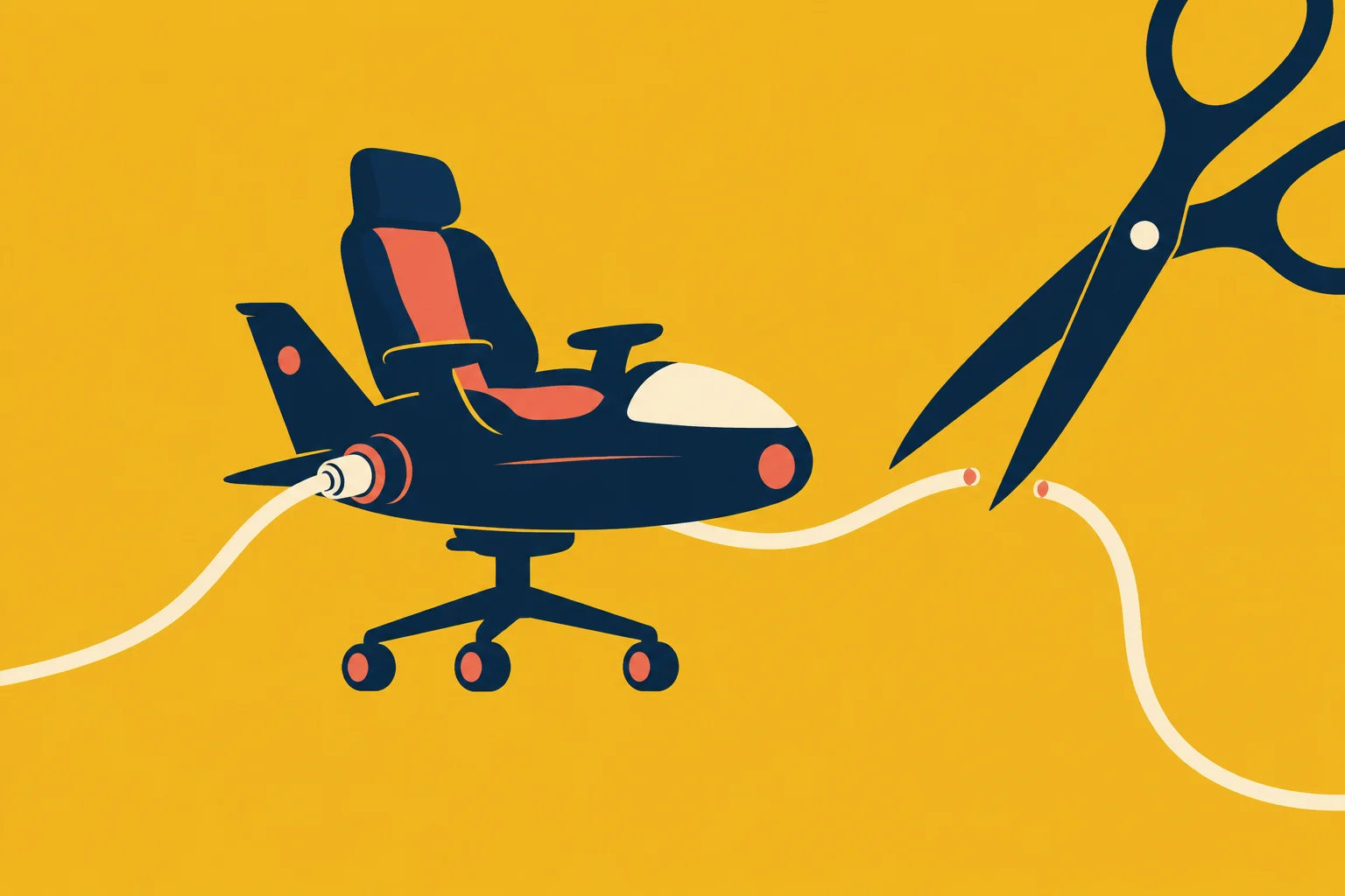 A stylized navy office chair shaped like an airplane connects to a cream cord being cut by large scissors against a yellow background.