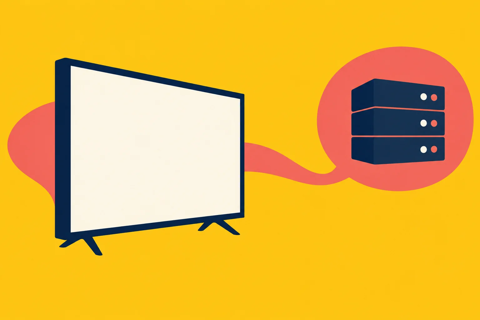 A blank television screen connects through a coral ribbon to three stacked servers inside a coral circle on a yellow background.