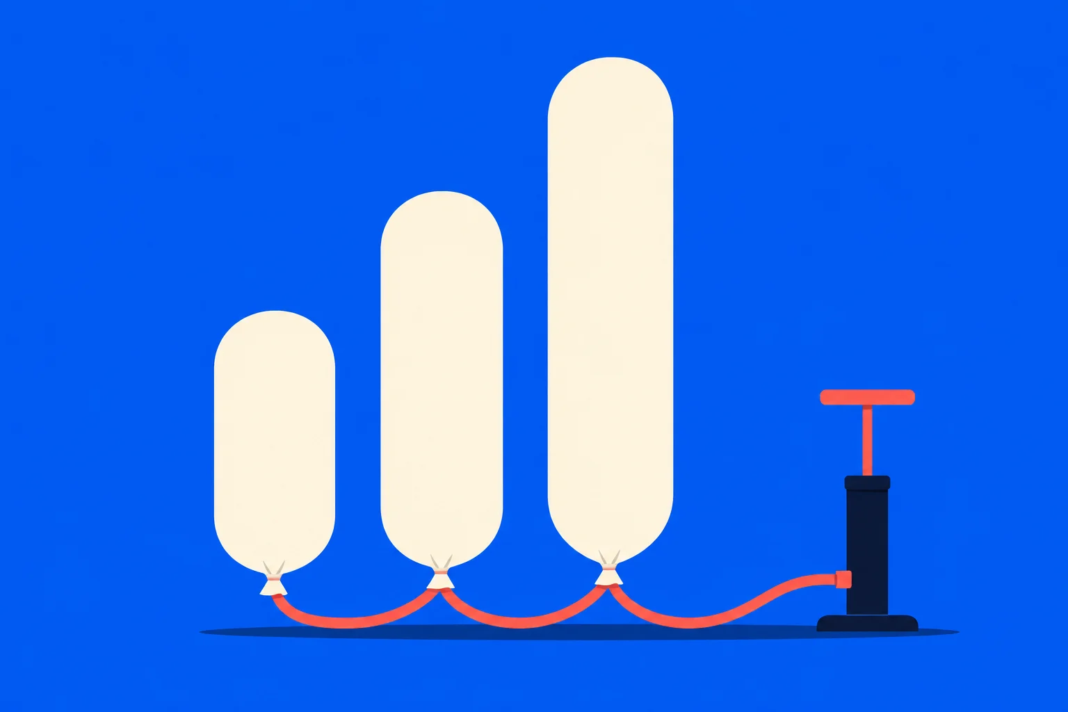 Three cream balloons of increasing height connect through an orange hose to a hand pump against a blue background.