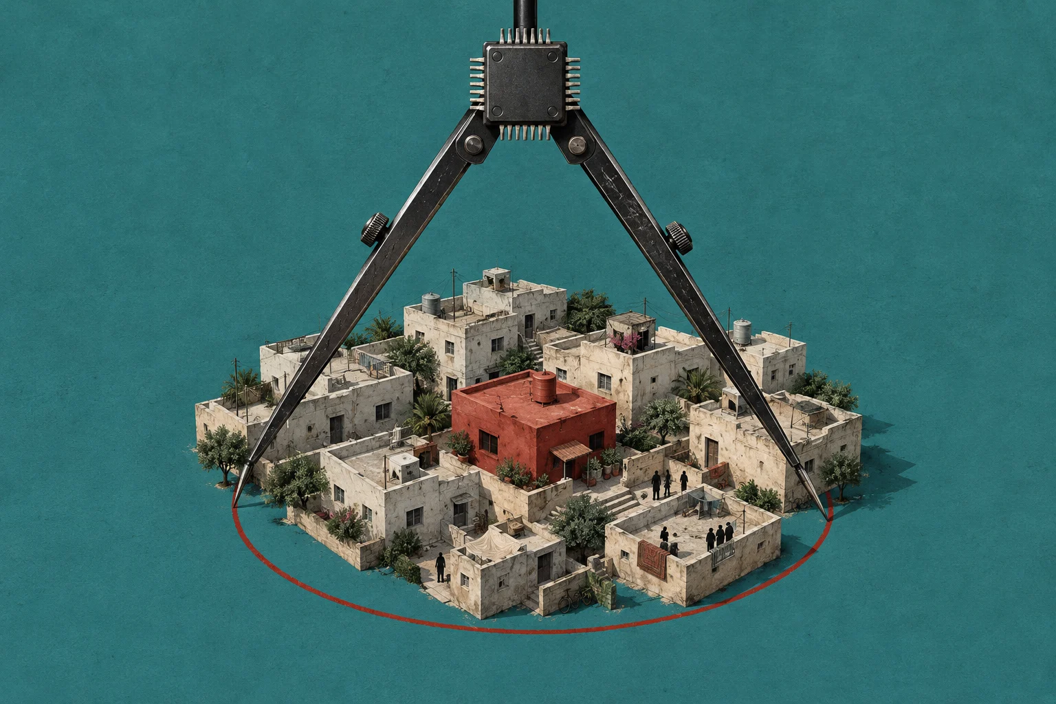 A giant metal compass topped with a microchip draws a red circle around a cluster of weathered houses, including one red house, on a teal background.