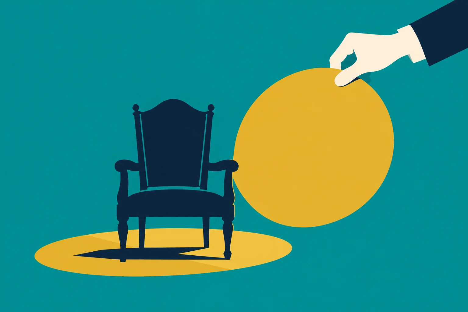 A hand holds a large golden oval beside a dark blue ornate chair standing on a golden oval against a teal background.