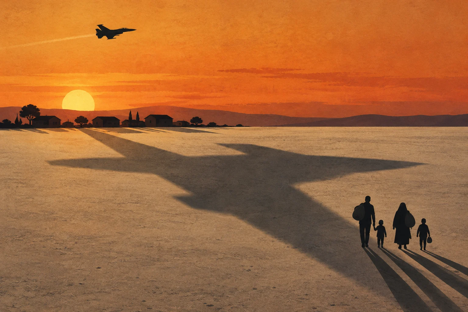 A family carrying bags walks across a barren landscape toward a village at sunset, beneath a fighter jet casting an enormous shadow.