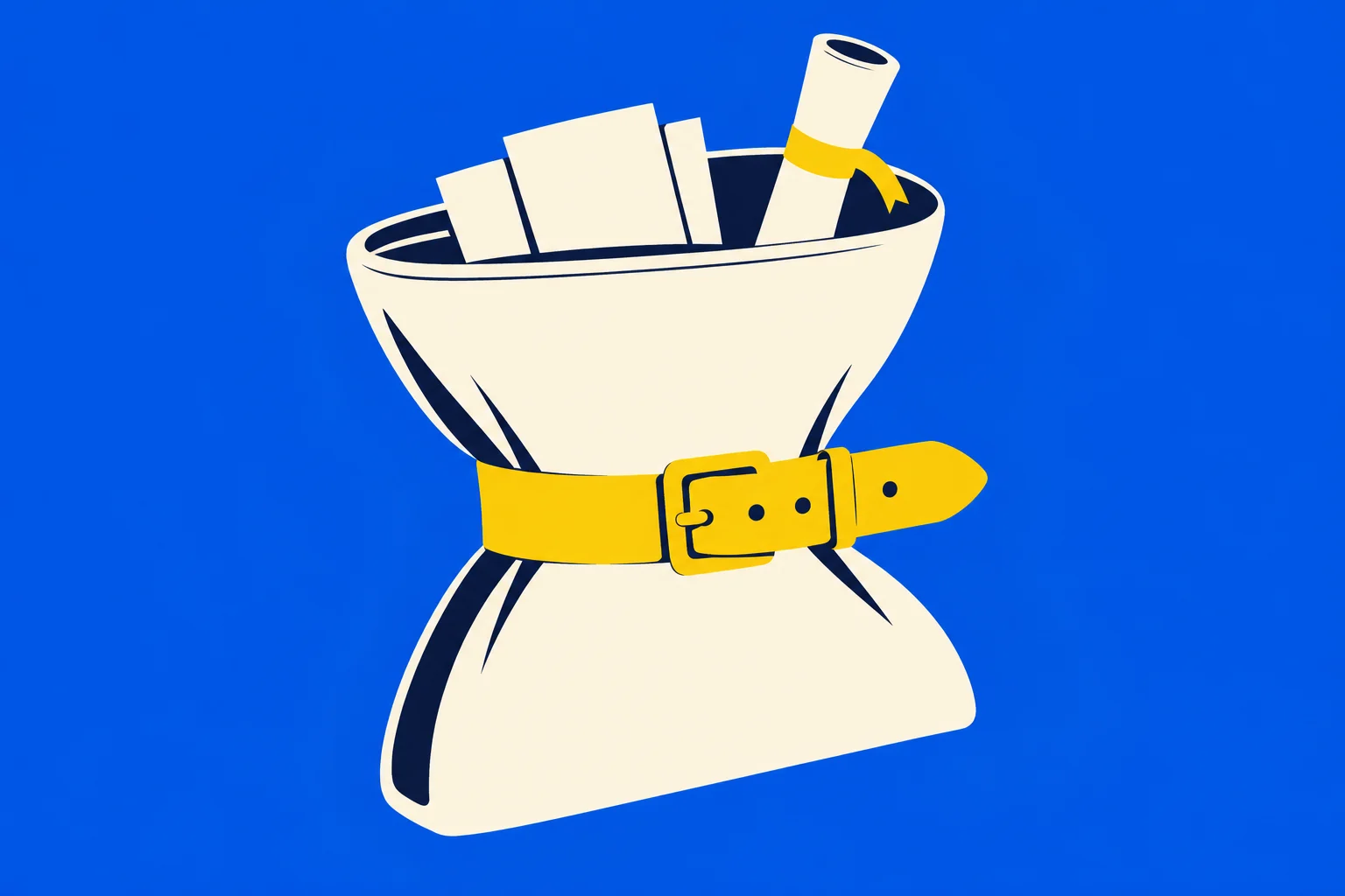 A cream-colored bag cinched with a yellow belt holds papers and a rolled diploma tied with yellow ribbon against a bright blue background.