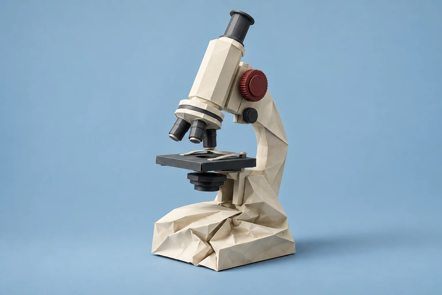 A cream-colored, folded-paper microscope with black lenses and a red adjustment knob stands against a light blue background.