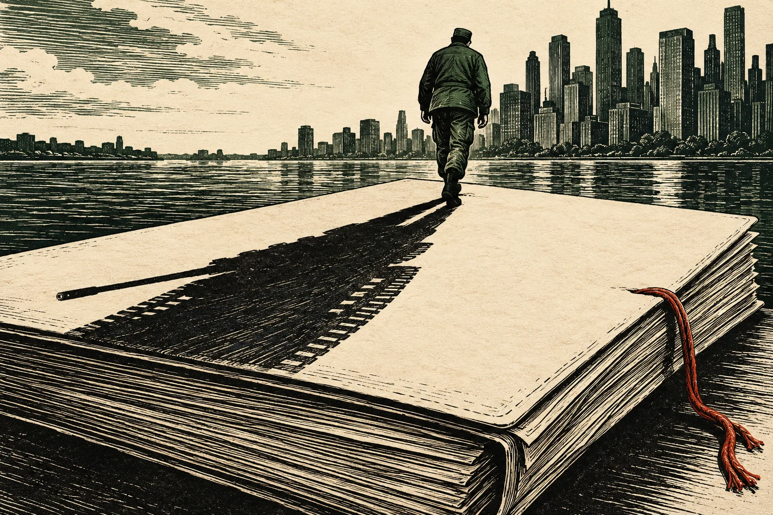 A man walks across a giant book toward a waterfront skyline, casting a long train-shaped shadow beside a red ribbon bookmark.