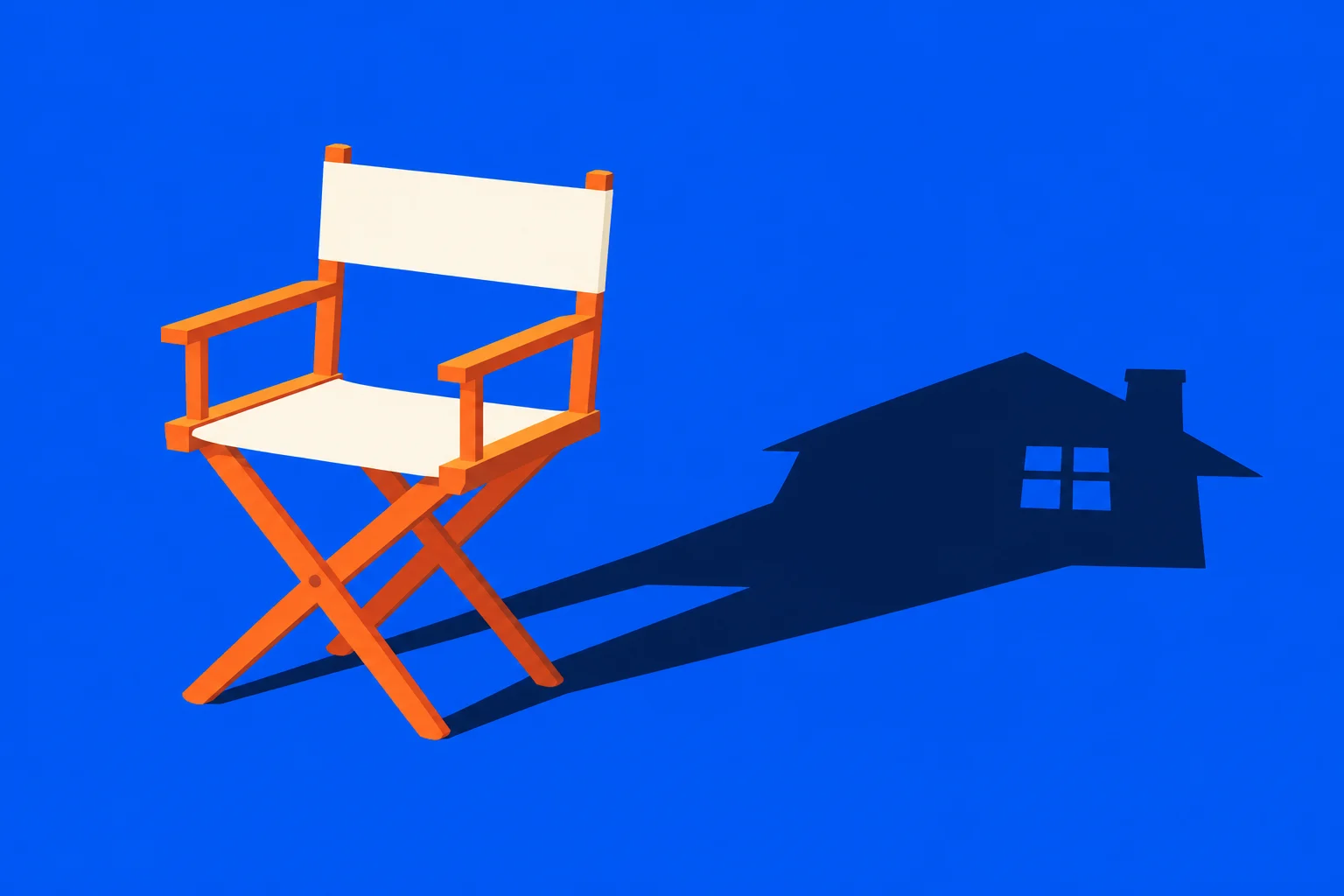 An orange director’s chair with cream fabric casts a dark, house-shaped shadow on a bright blue background.