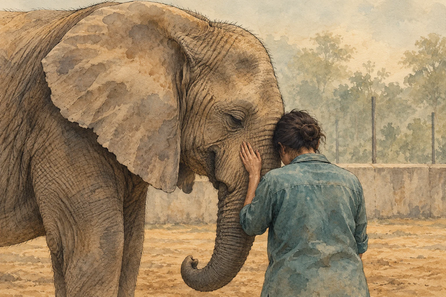 A watercolor illustration shows a woman resting her forehead and hand against an elephant’s face in a sandy enclosure.