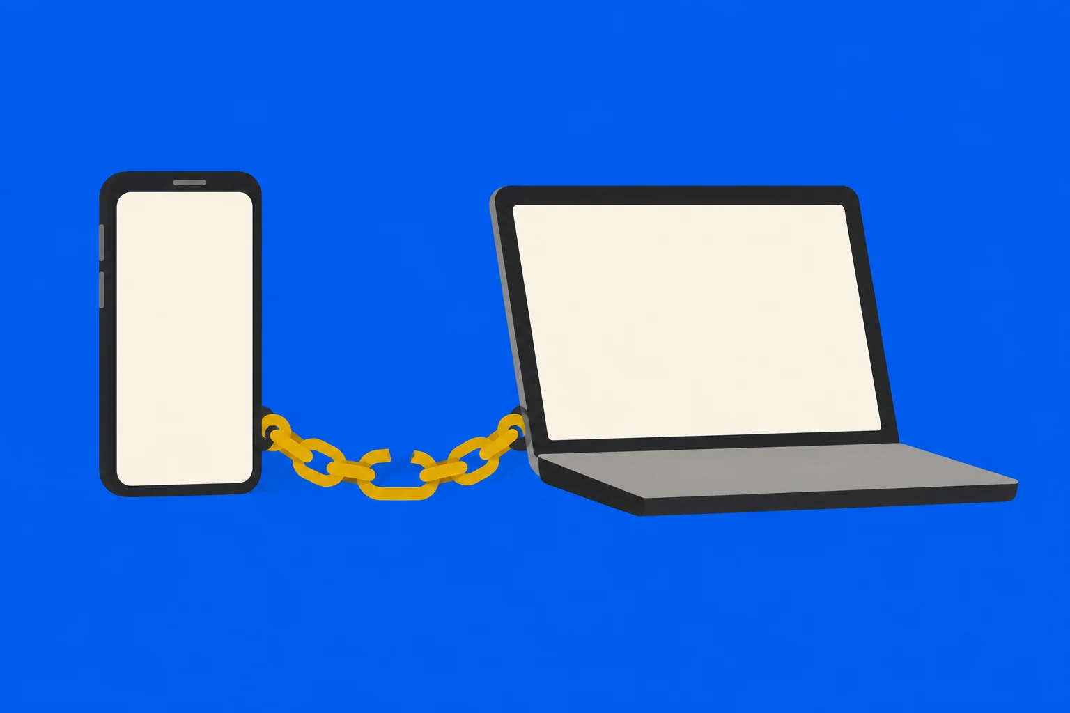 A smartphone and laptop with blank cream screens are connected by a broken yellow chain against a bright blue background.