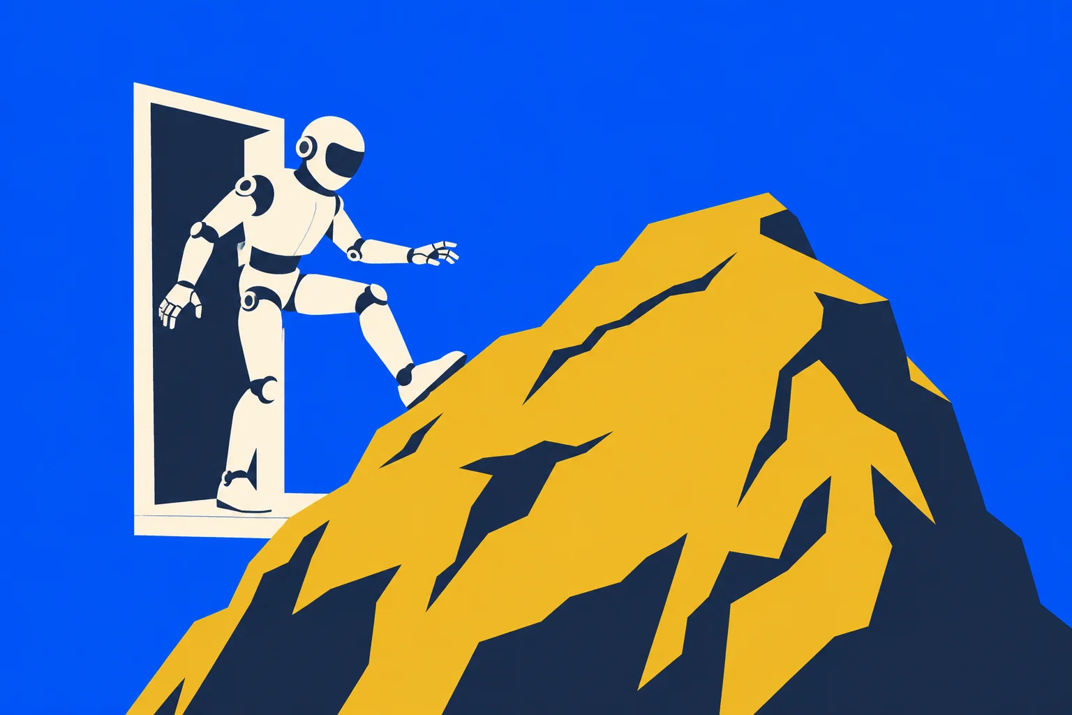 A white humanoid robot steps through a doorway onto a jagged yellow mountain against a bright blue background.