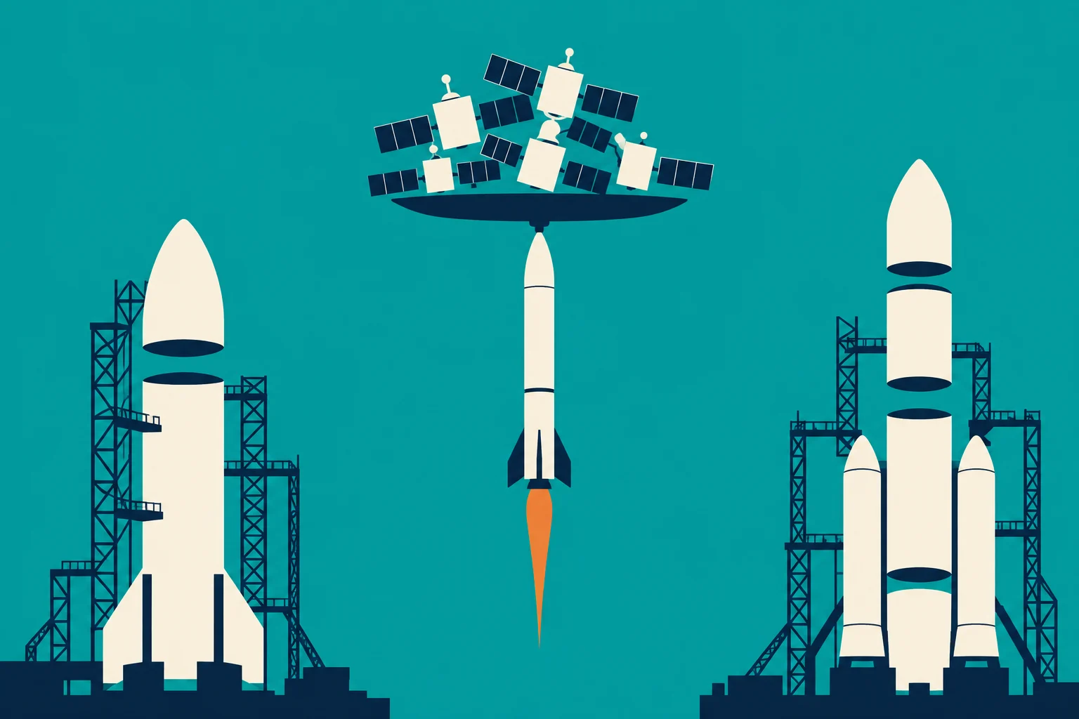 A central rocket launches beneath a cluster of satellites, flanked by two larger rockets with separated stages and launch towers against a teal background.