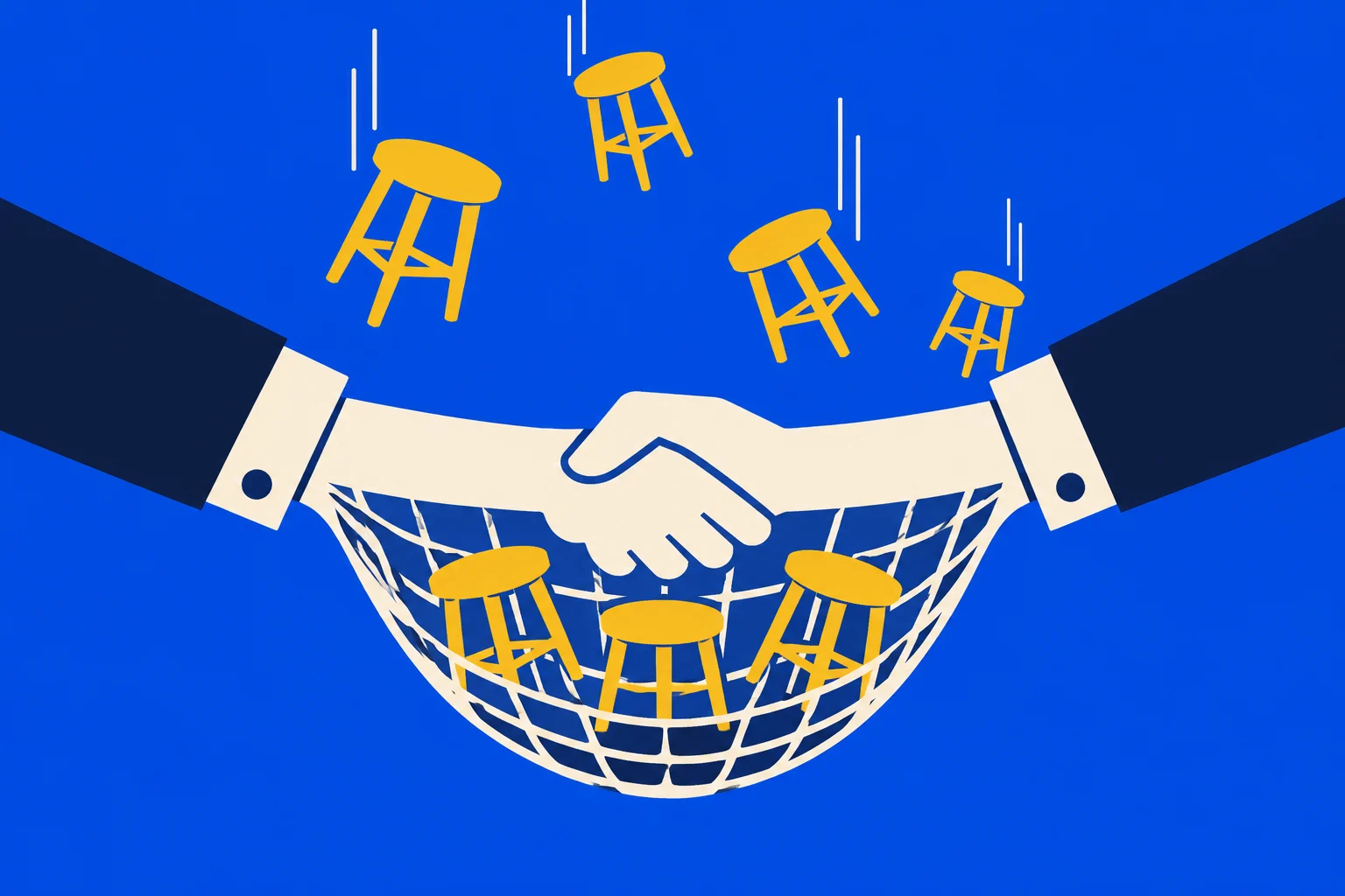 Two suited arms shake hands above a safety net catching yellow stools, while more stools fall against a blue background.