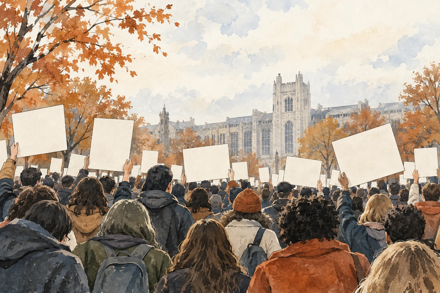 A crowd in autumn clothing holds blank protest signs outside a large Gothic university building, framed by orange-leaved trees under a cloudy sky.
