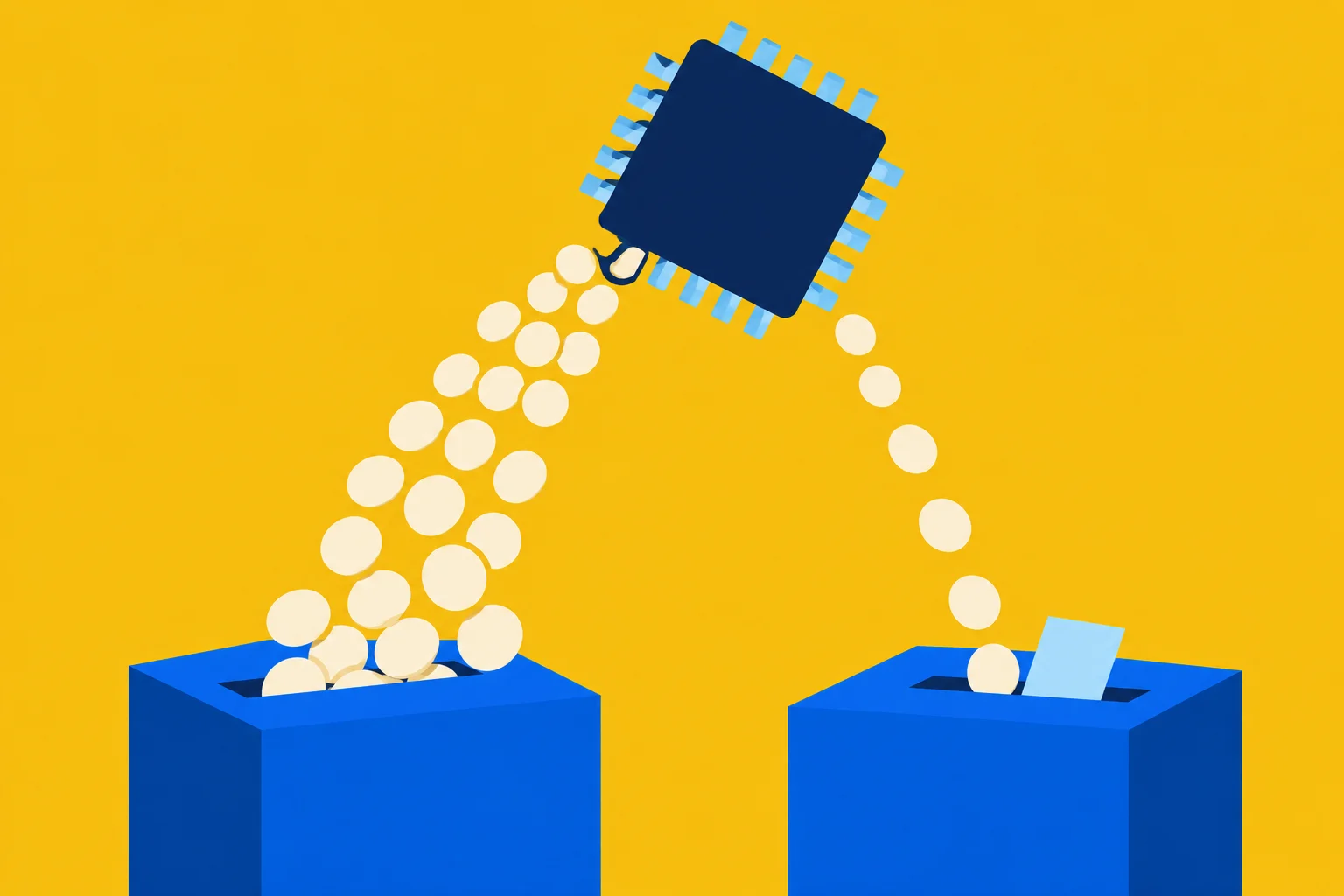 A tilted microchip releases streams of pale coins into two blue boxes against a yellow background, with many more coins entering the left box.