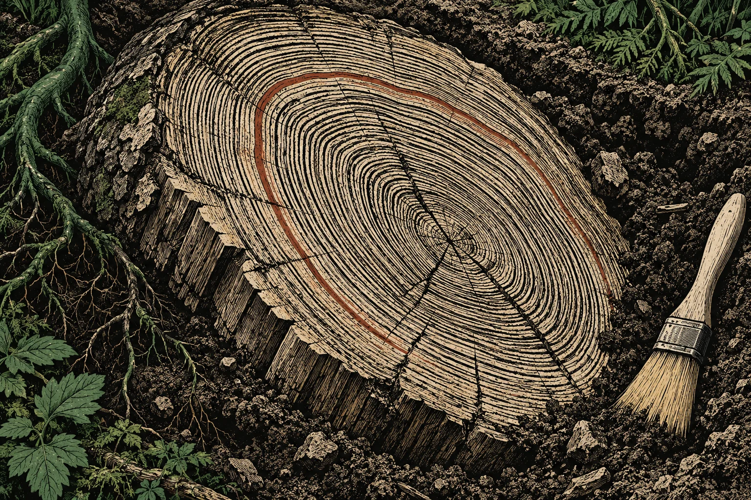 An illustrated tree stump with dense growth rings and a reddish ring rests in dark soil among roots and green plants, with a brush beside it.