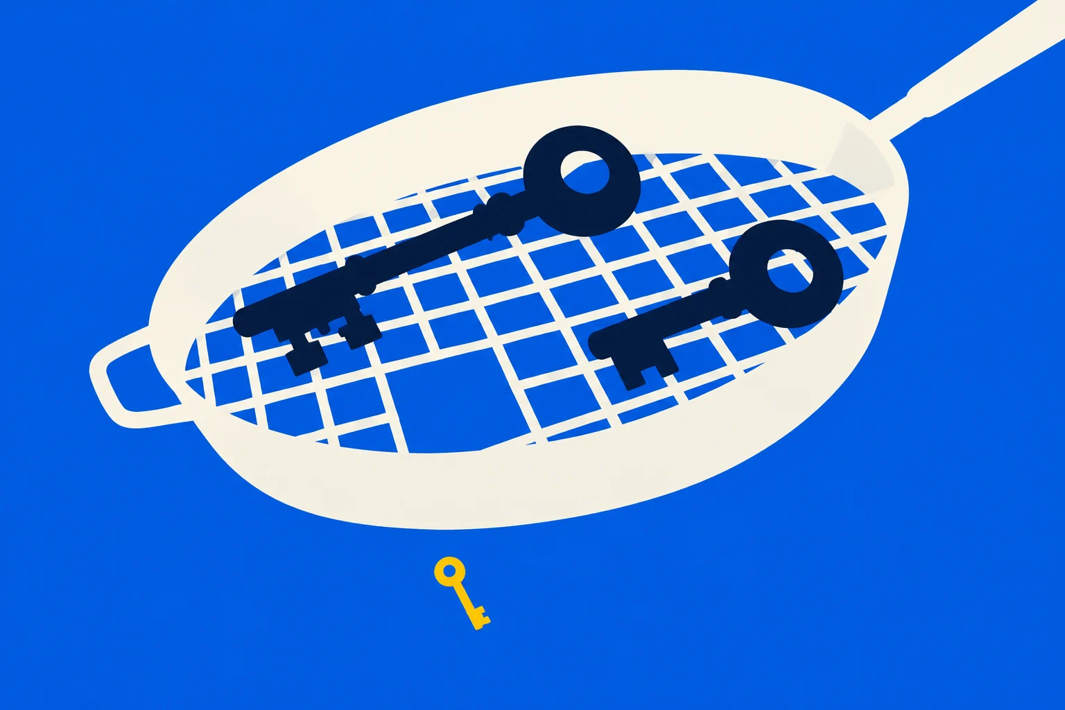 Two large dark blue keys rest on a cream-colored mesh strainer against a bright blue background, with a small yellow key below.
