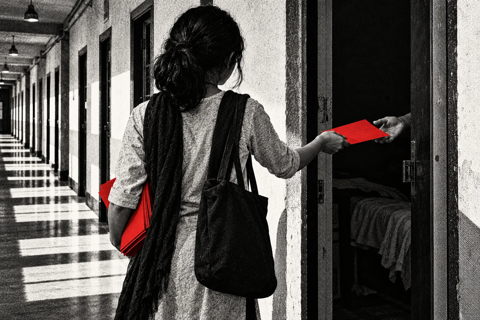 A woman in a black-and-white corridor hands a red envelope to someone inside a dark doorway while carrying more red envelopes under her arm.