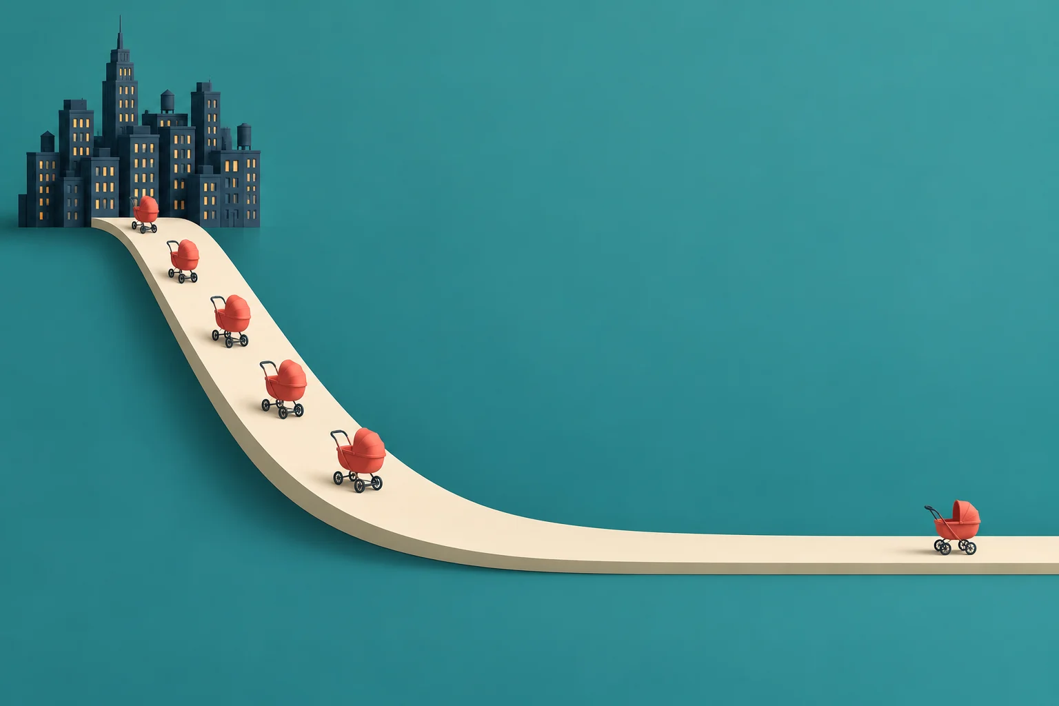 Six red baby carriages follow a cream path descending steeply from a dark city skyline before flattening across a teal background.