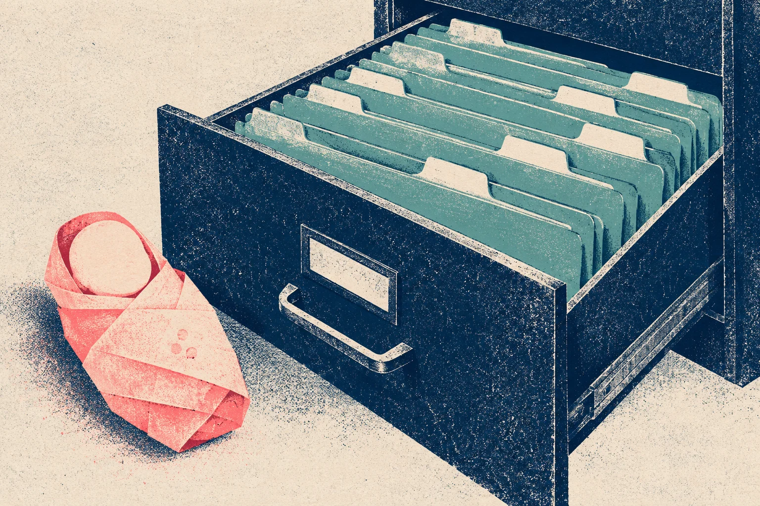 A swaddled baby lies beside an open navy filing cabinet drawer filled with teal folders, rendered in a textured vintage illustration style.