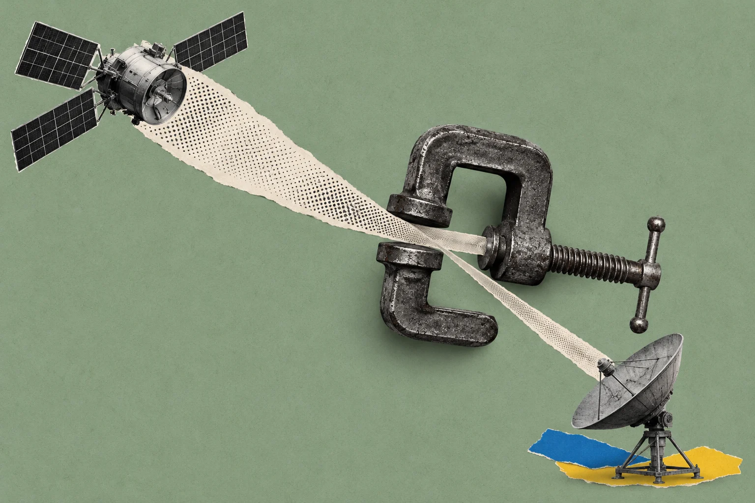A satellite transmits a dotted paper beam through a metal clamp toward a ground dish on blue and yellow paper against a green background.
