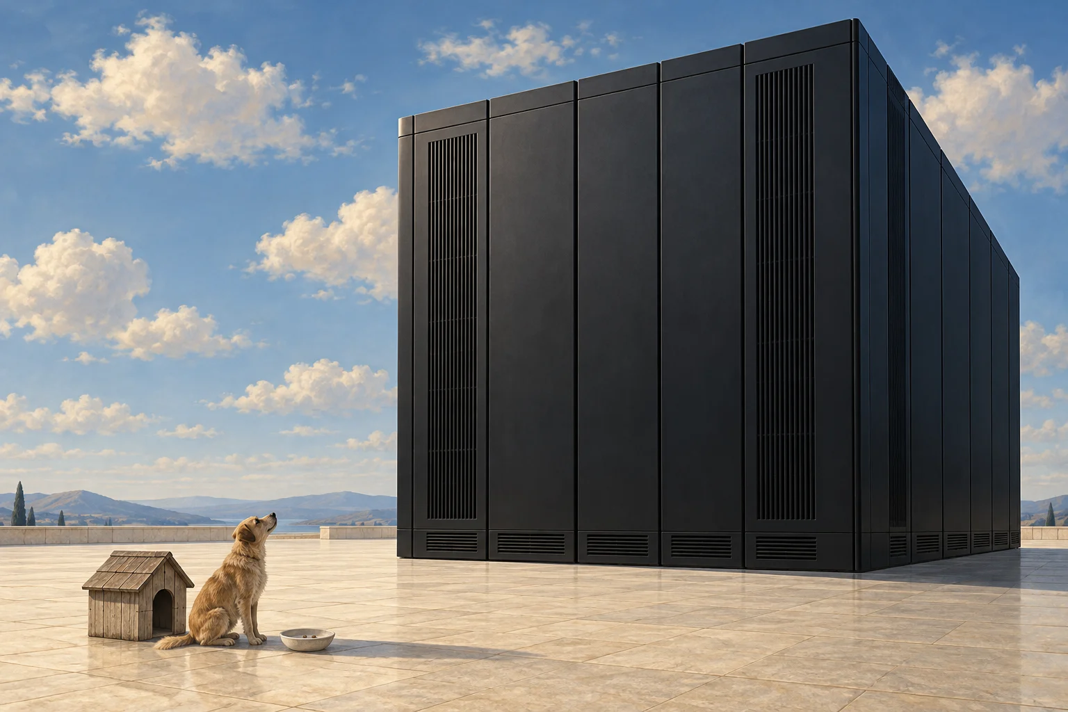 A golden dog sits beside a wooden doghouse and food bowl on a sunlit terrace, gazing up at an enormous black server cabinet.