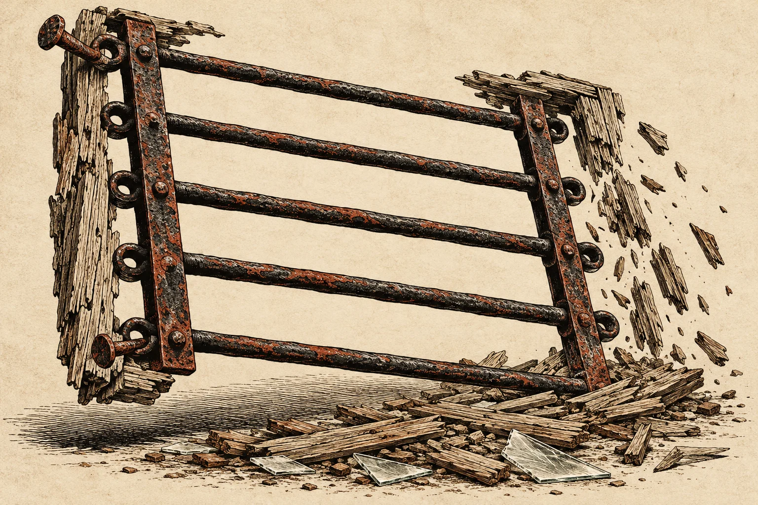 Rusted iron bars remain attached to a broken wooden frame, with splintered wood and glass shards scattered below on a parchment-colored background.