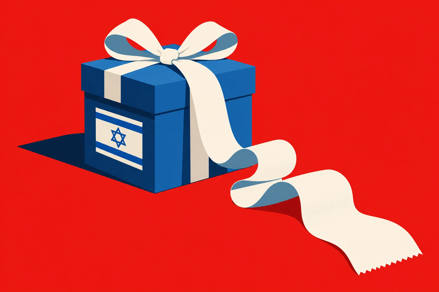 A blue gift box bearing an Israeli flag is tied with a cream ribbon that curls across a bright red background.
