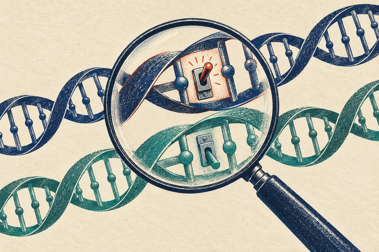 A magnifying glass highlights red and teal toggle switches embedded in two DNA double helices on a textured cream background.