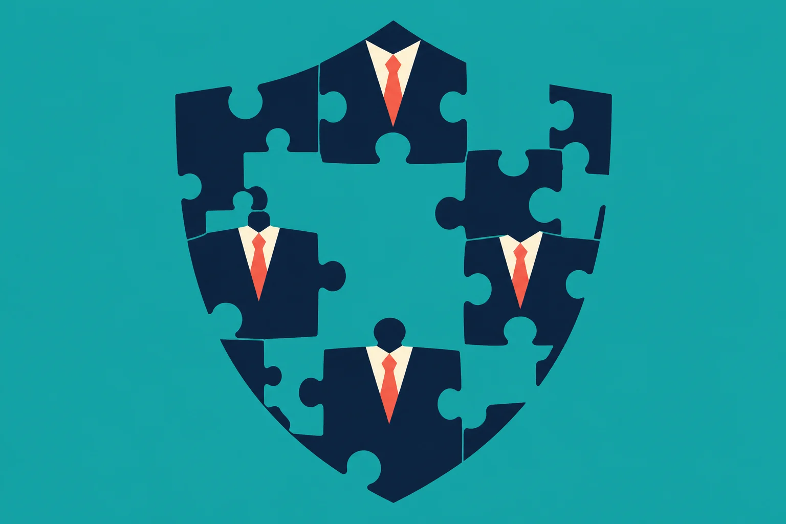 Navy puzzle pieces form a fragmented shield on a teal background, with four pieces depicting business suits with white collars and red ties.