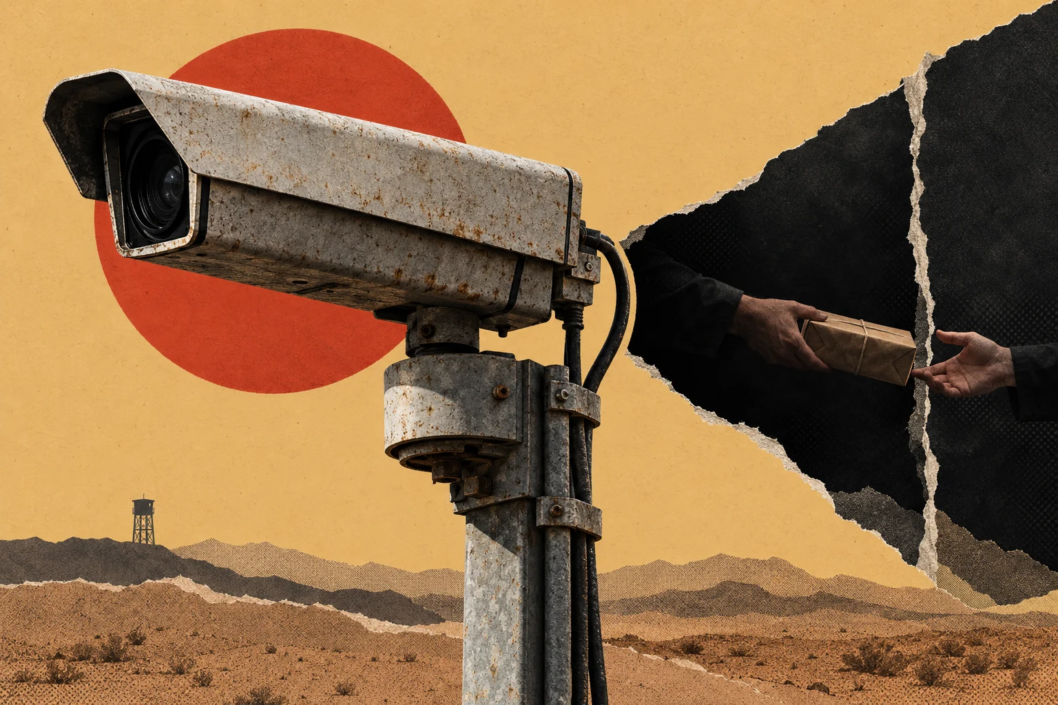 A weathered surveillance camera overlooks a desert beneath a red sun, while a torn black opening reveals hands exchanging a wrapped package.